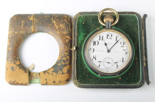 A gun metal Goliath pocket watch with 8 day movement, the dial inscribed West & Son Dublin with subsidiary second hand at 6 o'clock 75mm, contained in a distressed leather case 