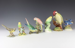 A Beswick figure of a woodpecker 1218 22cm, an Adderley single budgerigar 12cm (chipped flower), an Aynsley belted kingfisher 10cm (chipped wing) and 3 other bird figures 
