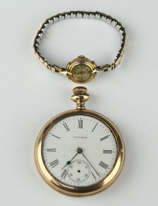 A gold plated pocket watch with seconds at 6 o'clock together with a lady's wristwatch 