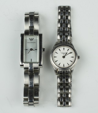 A lady's steel cased Longines wristwatch and bracelet, an Emporio Armani ditto 