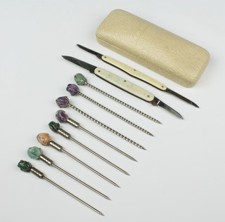 Eight Continental hardstone cocktail sticks, 2 fruit knives 