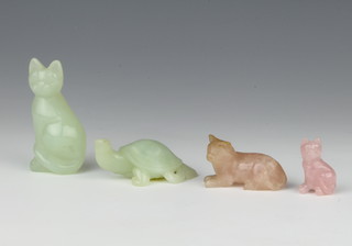 A rose quartz figure of a cat 4cm, a ditto 5cm, a hardstone tortoise 7cm and a ditto cat 7cm 