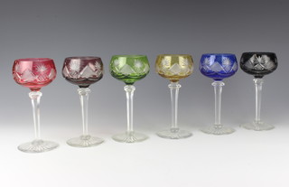 Six multi coloured flash glass hock wine glasses 17.5cm 