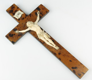 A Victorian faux tortoiseshell crucifix, a carved ivory figure of christ 35cm 
