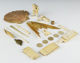 A Japanese Okimono of a figure 5cm, minor bone and ivory items