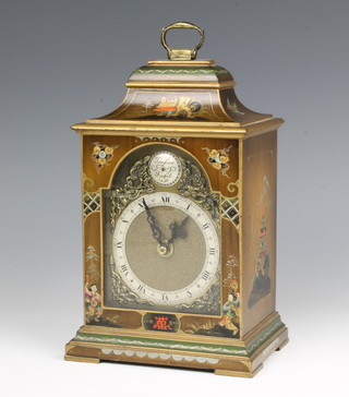 A 1930's bracket clock with gilt dial and silvered chapter ring, contained in a chinoiserie case (movement replaced with a battery operated movement) 