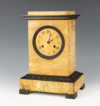 A 19th Century French 8 day striking clock contained in a pedestal shaped Sienna marble case with Roman numerals and marble mounts 30cm x 21cm x 15cm 