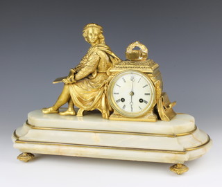 Japy Freres, a French 19th Century striking mantel clock contained in a gilt ormolu case depicting a  figure of a lady scholar with silvered dial and Roman numerals raised on a shaped stepped marble base, the back plate marked R494, complete with pendulum and key