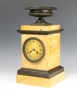 Hermon, a 19th Century French striking mantel clock, the gilt dial with Roman numerals and marked Ledure Bronzier Hemon HR, contained in a Sienna marble and bronze mounted pedestal shaped case surmounted by an urn
