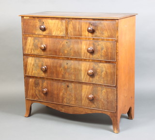 A 19th Century mahogany chest of 2 short and 3 long drawers with tore handles raised on spayed bracket feet 105cm x 106cm x 46cm 