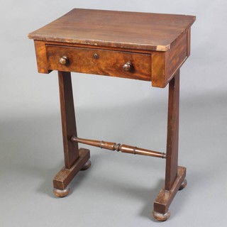 A Victorian rectangular mahogany work table fitted a drawer, raised on standard end supports with H framed stretcher 73cm x 51cm x 35cm 