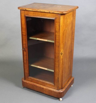 A Victorian inlaid D shaped figured walnut music cabinet fitted shelves enclosed by a glazed panelled door 92cm x 52cm x 36cm 