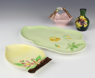 A modern Moorcroft squat vase, green ground with flowers 9cm, a Sylvac pickle dish, a Carlton Ware leaf plate and a Royal Winton sandwich plate
