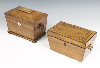 A Georgian rosewood twin compartment tea caddy of sarcophagus form with ring handles, raised on bun feet 15cm x 20cm x 13cm together with a similar inlaid and crosbanded mahogany tea caddy 12cm x 20cm x 12cm 