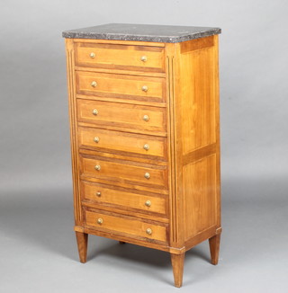 A 19th Century Empire style mahogany and crossbanded rosewood pedestal chest with black veined marble top, fitted 7 drawers with brass handles, raised on square tapered supports 101cm h x 57cm w x 33cm d 