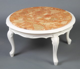 A circular Italian style white painted occasional table with pink veined marble top, raised on cabriole supports 40cm h x 79cm diam. 