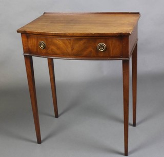 A Georgian style mahogany bow front side table with raised back fitted 1 long drawer raised on square tapered supports 76cm x 61cm x 40cm 