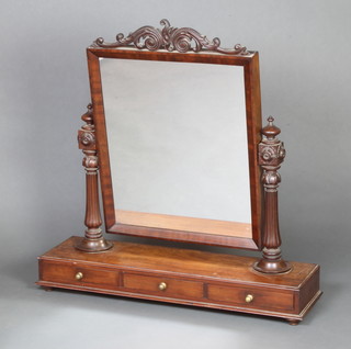 A William IV rectangular plate dressing table mirror contained in a mahogany swing frame raised on fluted columns the base fitted 3 long drawers raised on bun feet 92cm h x 92cm w x 25cm d 
