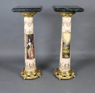 A pair of decorative torcheres topped with square blue veined marble tops on metal columns with painted decoration on gilt metal bases 113cm h x 42cm x 42cm 