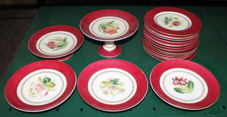 A Victorian Brown and Mackay 20 piece dessert service comprising tall comport, 4 squat comports and 15 plates with gilt and red banding and floral painted panels to the centre  
