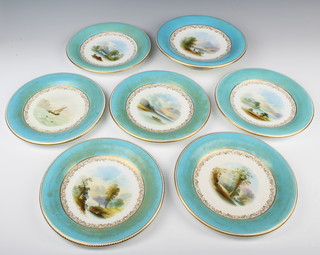An Edwardian Copeland dessert service, the turquoise ground with gilt decoration and landscape views comprising 6 plates and a tazza