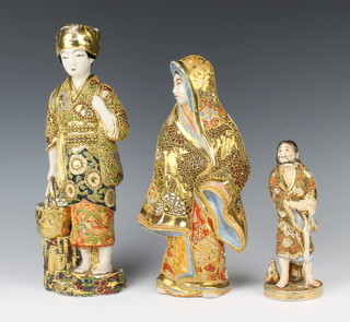 A 20th Century Satsuma figure of a lady holding a pail 31cm, a ditto of a lady 27cm and a figure of a beggar 17cm 
