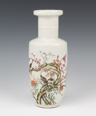 A Chinese oviform vase decorated with birds amongst a flowering peony tree with 6 character mark to the base and script to the body 27cm 