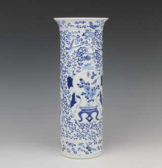 A Chinese blue and white cylindrical vase decorated with figures holding giant vases on a field of flowers and birds with 4 character mark to the base 25cm 