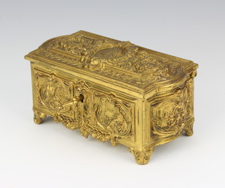 A Victorian gilt metal casket to commemorate Queen Victoria's Diamond Jubilee marked 1837-1897, the body cast images of empire and industry 7cm x 5cm x 7cm complete with key 