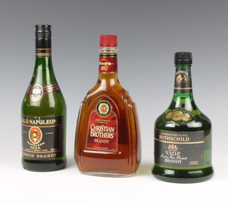 A 70cl bottle of Rothschilds V.S.O.P. Extra Fine French brandy, a 70cl bottle of Grand Napoleon French brandy and a 70cl Christian Brothers bottle of brandy 