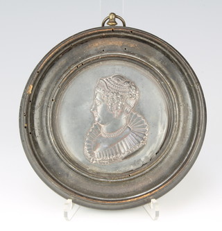 A circular pewter plaque decorated a portrait bust of Mrs Fitzherbert, contained in an ebonised socle frame 15cm diam.