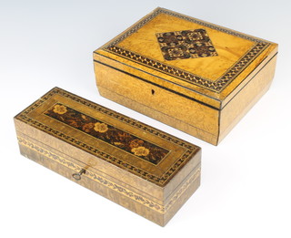 A Victorian rectangular Tunbridge Ware box with hinged lid and floral decoration, having a papered interior 6cm x 25cm x 9cm together with a maple and Tunbridge Ware trinket box with hinged lid 8cm x 22cm x 17cm (section of veneer is missing to the top left hand edge) 