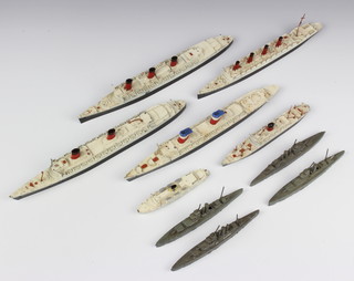 A Triang M703 model of RMS Queen Mary, ditto M702 RMS Queen Elizabeth, ditto M704 SS United States, ditto M705 RMS Aquitania, M709 RMS Ivernia, a lead model of the liner Seessan, 4 lead models of dreadnoughts   
