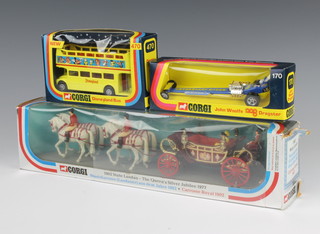A Corgi Toys 170 John Woolfe dragster model, a Corgi 470 Disneyland bus and a Corgi 41 1902 state landau 