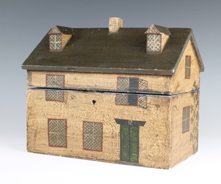 A Victorian style painted wooden box in the form of a cottage 21cm x 25cm x 14cm  