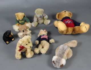 A Harrods yellow teddy bear 45cm, 1 other 22cm, a Merrythought figure of a squirrel, a Liberty's teddy bear, a Ty bear, Ty black bear, a koala bear and 1 other bear 
