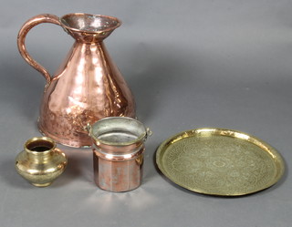A Victorian gallon harvest measure 30cm h x 30cm diam. (some dents and hole) together with a circular Benares brass charger, ditto squat shaped vase and a copper pail with swing handle 