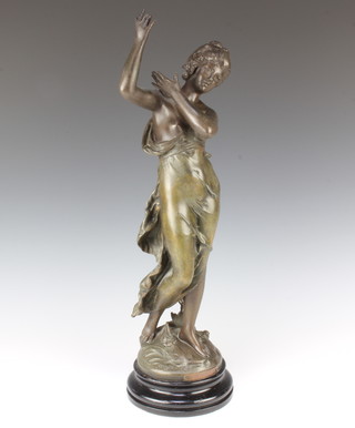 A spelter figure of a standing classical lady raised on a socle base, converted for use as a lamp 52cm h 