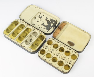 An Ogden Smith 1920's combination fishing fly box with 10 compartments and 1 other fly box 