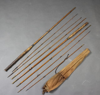 A 3 piece split cane trout fly fishing rod with 2 tips and brass reel fittings circa 1910 together with a Milwards split cane 3 piece fly rod  