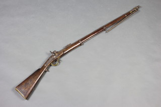 A muzzle loading percussion rifle, the lock marked NO3 1866 (crack to the butt) together with an associated socket bayonet 