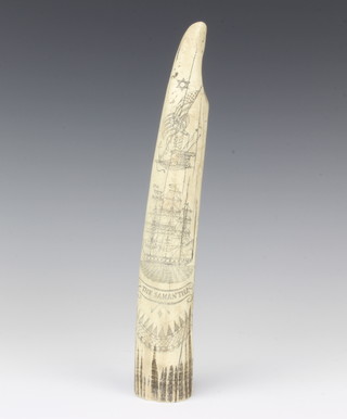 A section of reproduction scrimshaw decorated the sailing ship Samantha and a lady and gentleman 20cm 
