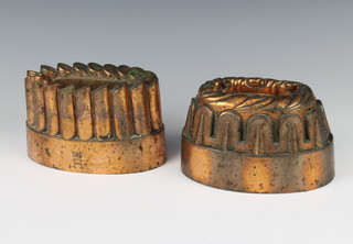 2 19th Century oval copper jelly moulds with coronet and H monogram, possibly the Earl of Harwood 10cm x 18cm x 12cm 