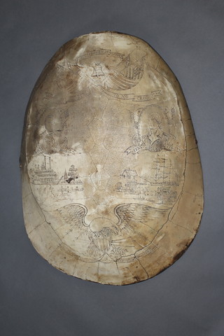 A reproduction scrimshaw turtle shell decorated a portrait of John Adams and Abraham Lincoln with sailing ship and paddle steamer 62cm h x 48cm w 