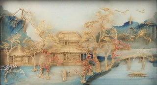 A 19th/20th Century Chinese cork sculpture of buildings, bridge and landscape 18cm x 33cm  