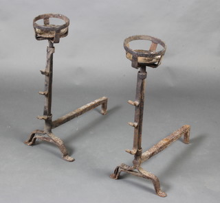 A pair of 17th Century style wrought iron cresset-top fire dogs with 3 spit hooks to the front 67cm h x 50cm w x 28cm d  