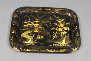 A 19th Century rectangular papier mache tray decorated a Pagoda and figures 51cm x 66cm 