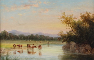 Attributable to Henry Earp Snr. (1831-1914), oil on board, study of cattle watering in a country landscape 18cm x 29cm, contained in a gilt frame, the reverse with Cider House Gallery  