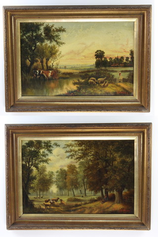 J Westelp 1898, a pair of Victorian oils on canvas, rural scenes, labelled to the reverse "Evening at Willow Bucks" and "Sheep Walking in Epping Forest" 40.5cm x 61cm 
