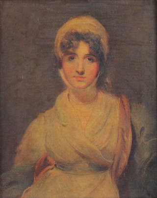 Victorian overpainted print on canvas, unsigned, study of "Jane Austen" 28cm x 22cm 